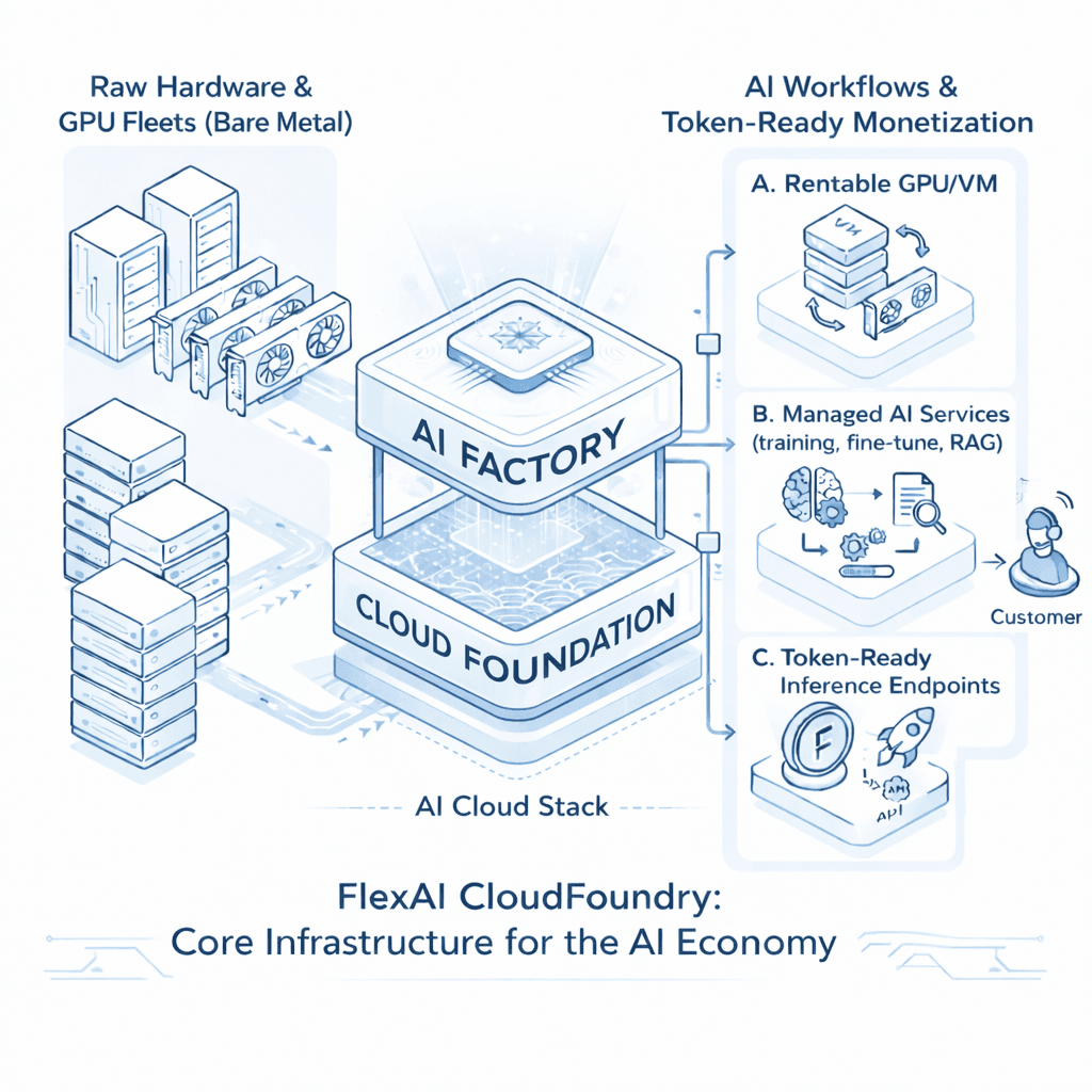 FlexAI CloudFoundry Platform architecture — Cloud Foundation, AI Factory, and AI Workflows with Token-Ready Monetization