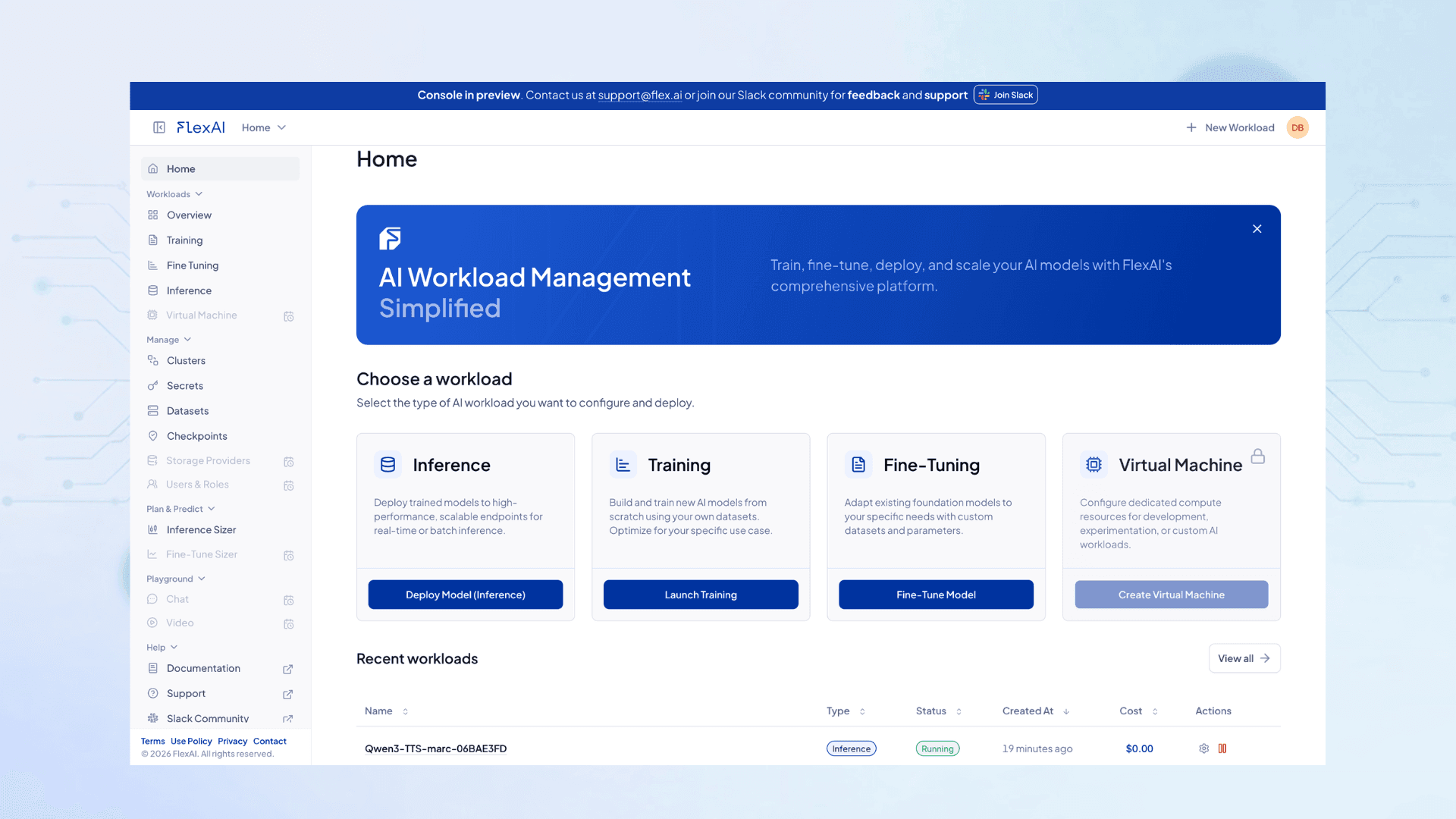 FlexAI Console — AI workload management dashboard showing inference, training, fine-tuning, and virtual machine options