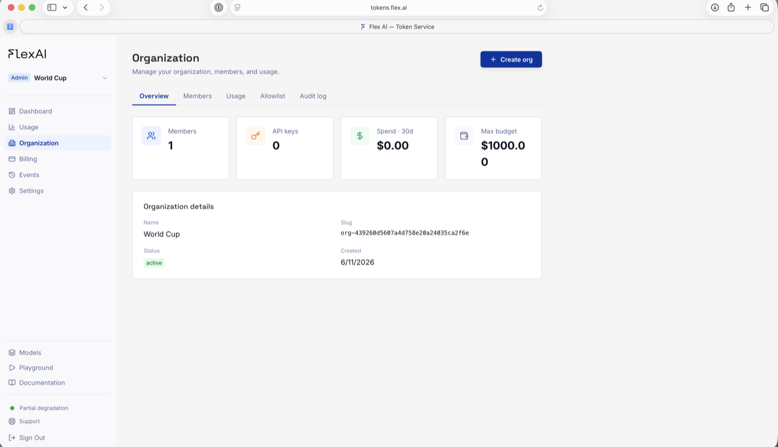 The FlexAI Token Factory console — admin view: org-level keys, usage, and governance on the same login.