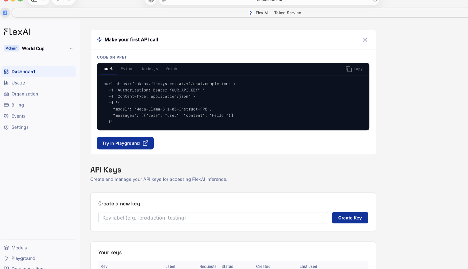 The FlexAI Token Factory console — builder view: make your first API call and manage your keys, usage, and billing.