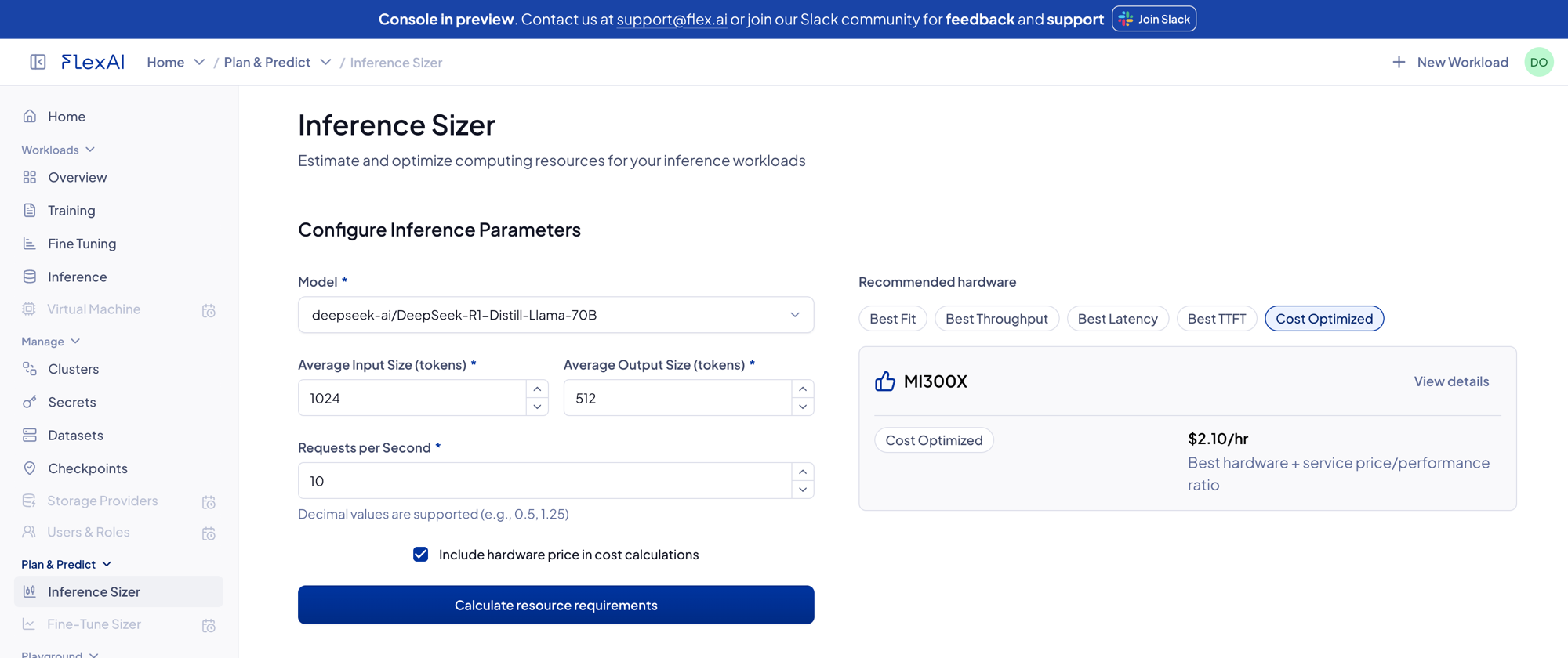 The FlexAI Inference Sizer — enter your model and traffic, get a GPU recommendation and cost estimate.